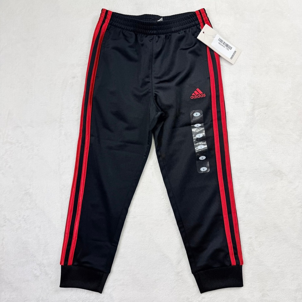 Adidas Boys Track Pants Black Red Stripes Size 5 AK5945T Joggers